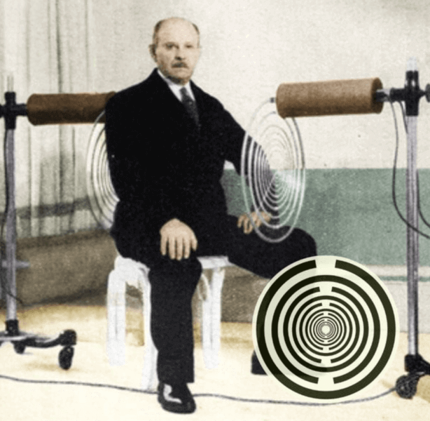 Georges Lakhovsky sentado en una de sus maquinas escalares