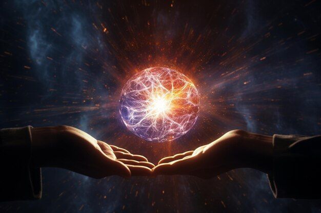 Una burbuja de energía radiante suspendida encima de dos manos que la sostienen en levitacion
