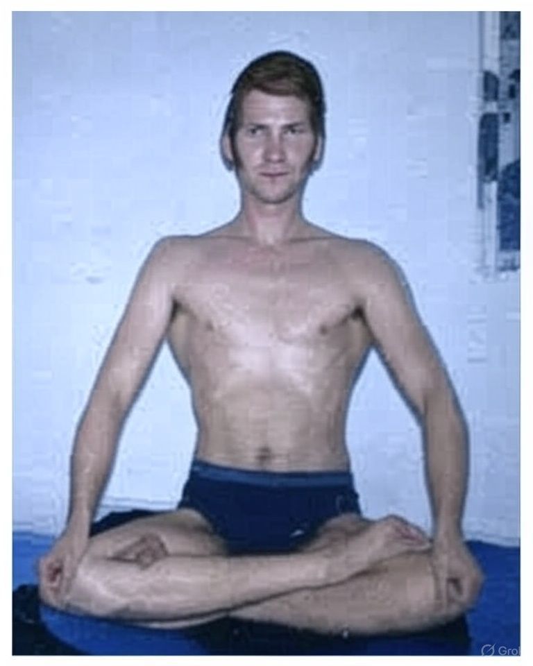 Karl Welz en postura de yoga de joven